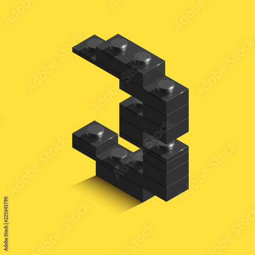 3d isometric black number Three from brick on yellow background. 3d number from  bricks. Realistic number