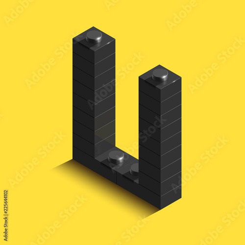 3d isometric letter U of the alphabet from constrector bricks. 3d isometric plastic letter from the blocks