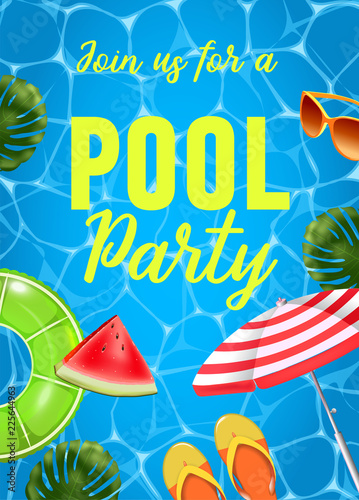 Pool party invitation vector illustration. Top view of swimming pool with pool floats.