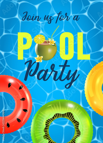 Pool party invitation vector illustration. Top view of swimming pool with pool floats.