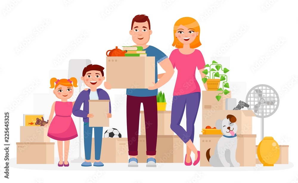 Happy family move into new home place vector flat illustration. Mother ...