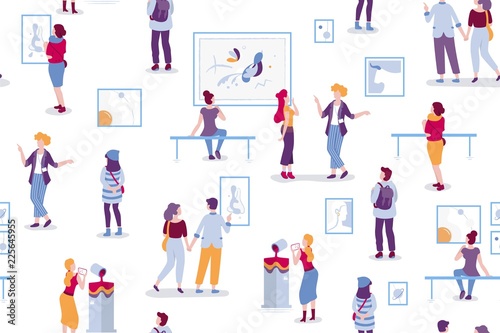 Art gallery seamless pattern with visitors looking at paintings vector flat illustration. People at the exhibition cartoon characters in modern art style. Men and women at the museum of arts.