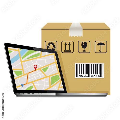 Shipping parcel GPS tracking order design. Laptop with GPS map on screen and shipping cardboard box.