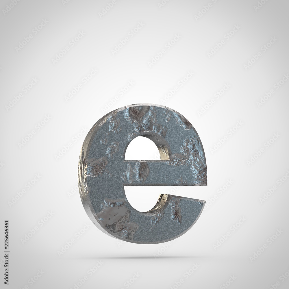 Cracked metal letter E lowercase isolated on white background Cracked metal letter E lowercase isolated on white background