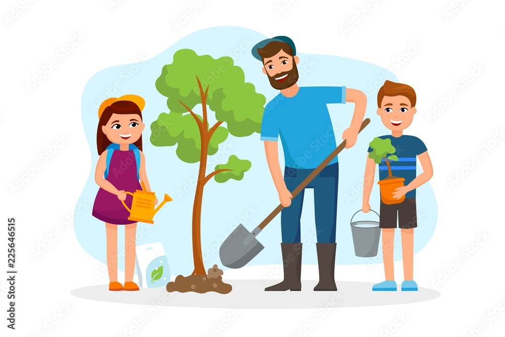 Man and children plant a tree and watering vector flat illustration with  cheerful cartoon characters isolated on white background. Family Save trees  concept illustration Stock Vector | Adobe Stock