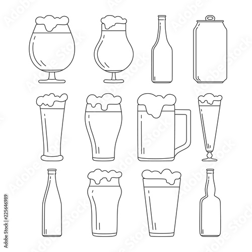 Set of beer bottles  can and glasses  mug with foam icons. Vector isolated illustration.