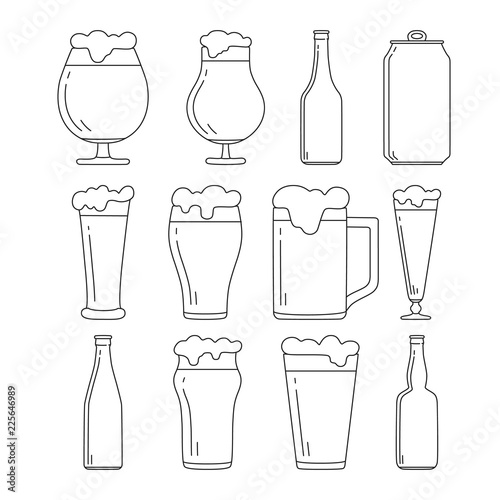 Set of beer bottles, can and glasses, mug with foam icons. Vector isolated illustration.
