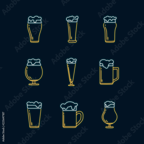 Glowing neon icon set with pint glasses, mugs with foam for night beer bar background. Led luminous sign for pub signboard. Vector isolated illustration.