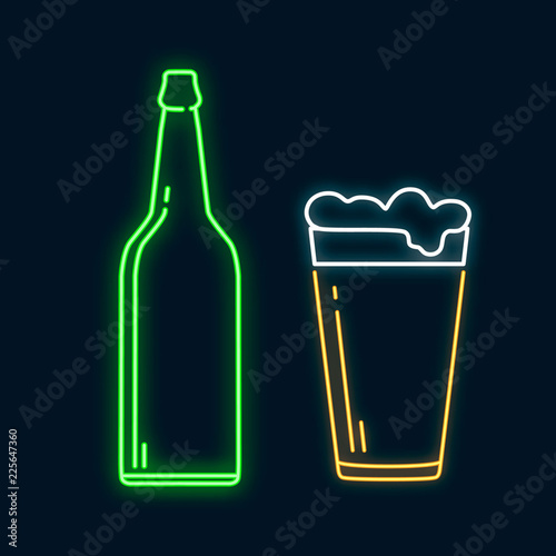 Glowing neon pint beer glass for ale and bottle. Led luminous sign for bar signboard or night pub. Vector isolated illustration.
