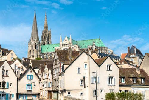 View of Chartres Cathedral above the town. France