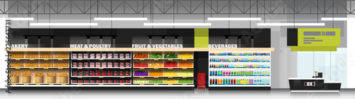 Interior scene of modern supermarket with products and cashier counter , vector , illustration