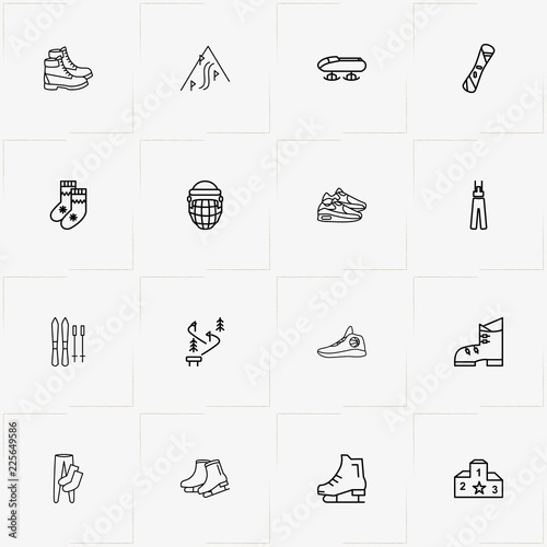 Winter Sport line icon set with skiing, mountain descent  and snowboard