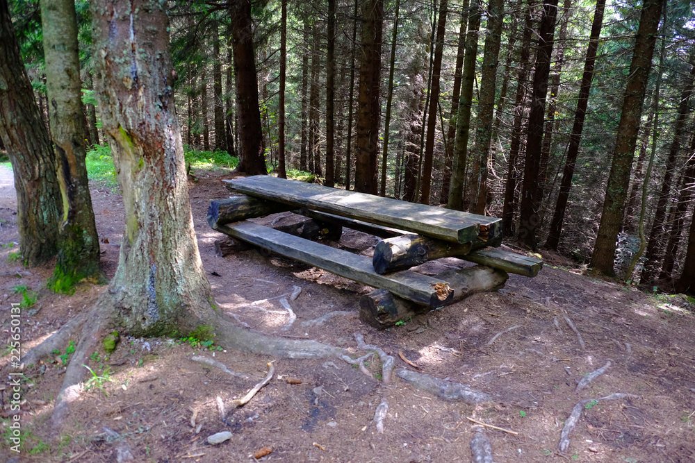 resting place in the mountains, benches and wood table resting place in the mountains, benches and wood table