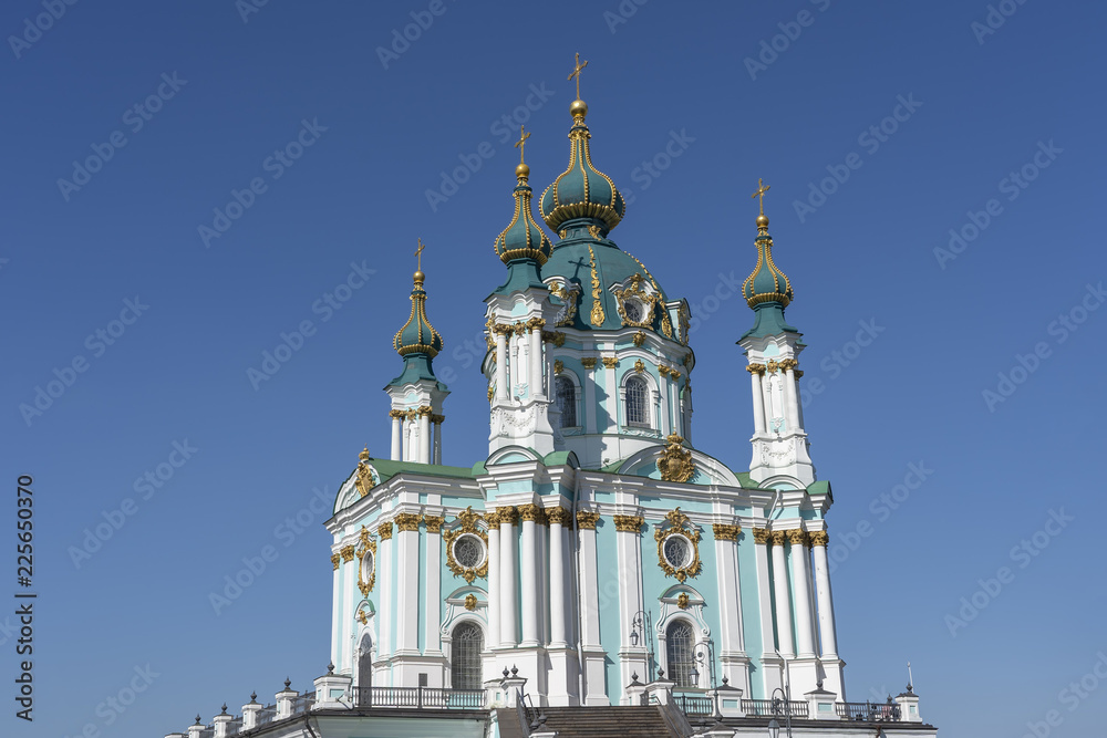 Bright St. Andrew church towers over Kiev, Ukraine