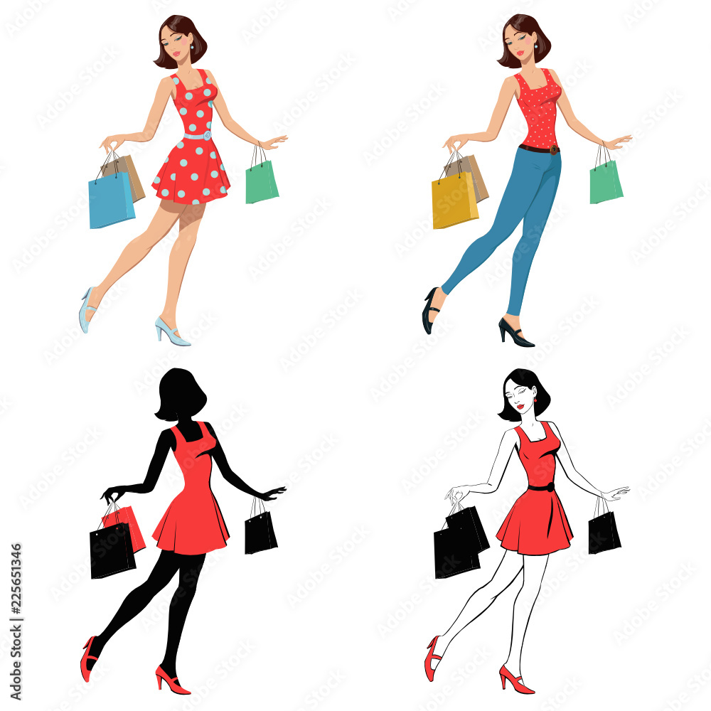 shopping girl. set of four illustrations