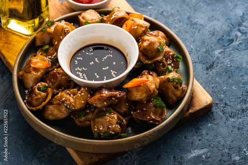 Photography Fried dumplings with soy sauce with pepper and green onions