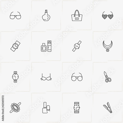 Woman line icon set with lady bag, necklace and spectacles