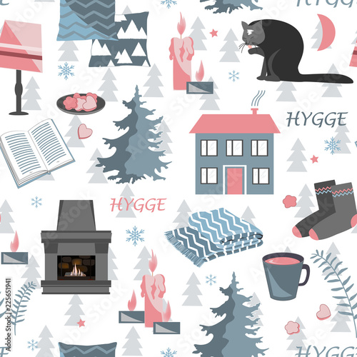 Hygge seamless pattern. Vector illustration with forest plants and cozy home things
