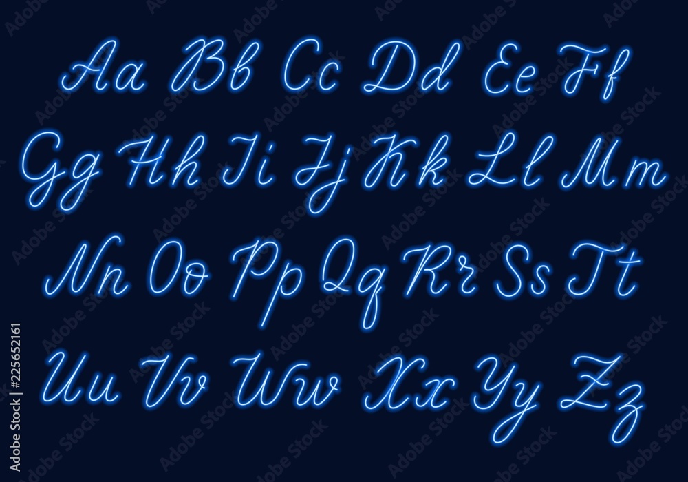 Blue neon script. Uppercase and lowercase letters. Blue neon script. Uppercase and lowercase letters.
