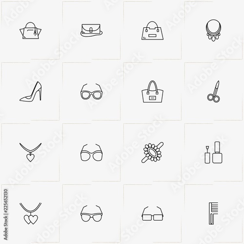 Woman line icon set with spectacles, lady shoe  and scissors