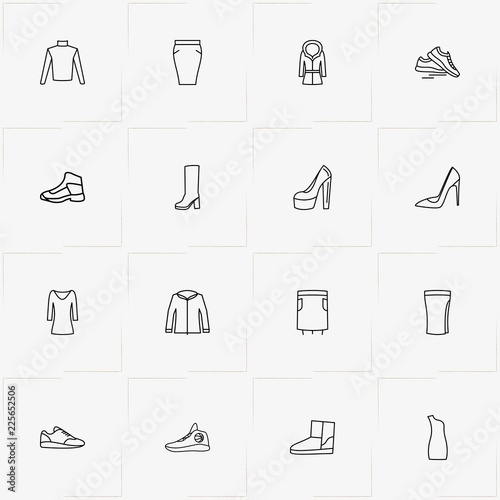 Woman Clothes line icon set with pullover, lady boots  and skirt