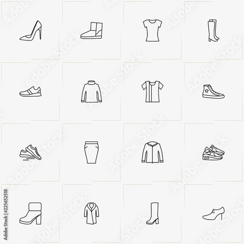 Woman Clothes line icon set with lady shirt , sneakers and skirt