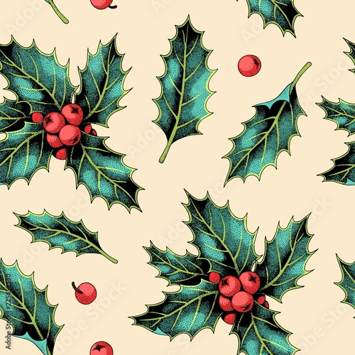 Seamless pattern with holly leaves and berries