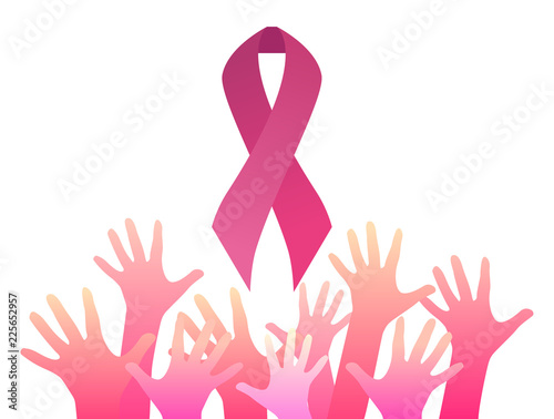 Breast cancer awareness. Pink ribbon with pink hands up. Unity. Vector element for cards, banners, flyers and your design.