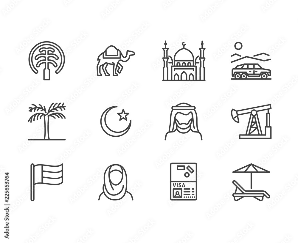 Obraz premium Ikony płaskiej linii ZEA. Flaga emiratów arabskich, Dubaj, meczet islamu, pustynny samochód terenowy, muzułmanie, wielbłąd, ilustracje wektorowe oleju. Cienkie tabliczki dla biura podróży. Doskonały piksel 64x64.
