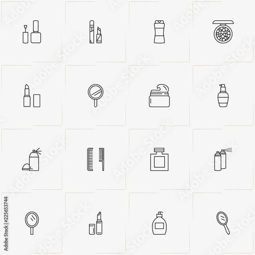 Women Cosmetics line icon set with hand mirror, cosmetic cream and rouge
