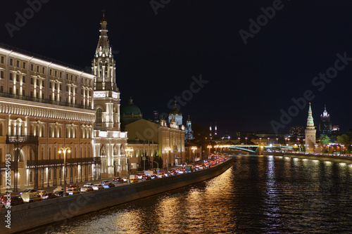 City image at the autumn night  Moskva river  Kremlin and Cathedral of Christ the Saviour