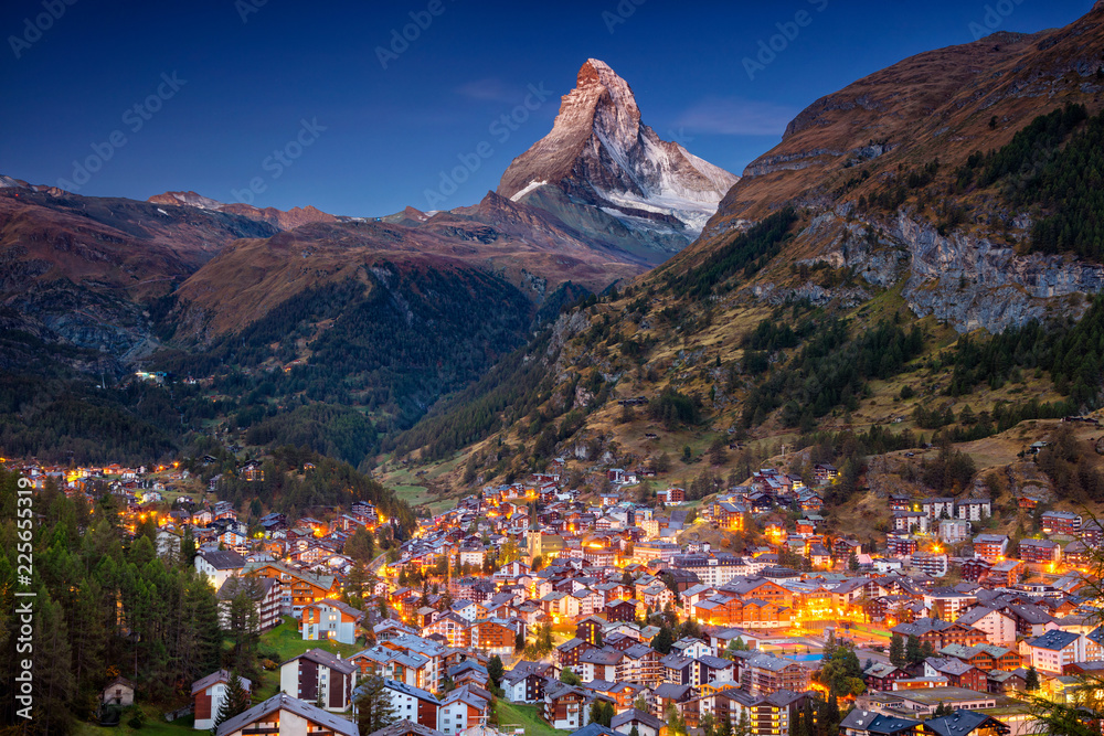 Zermatt. Image of iconic village of Zermatt, Switzerland with Matterhorn in the background during twilight.