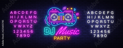 DJ Music Neon sign vector. Night Party Design template neon sign, Dj Sound Advertising light banner, neon signboard, nightly bright advertising, light inscription. Vector. Editing text neon sign