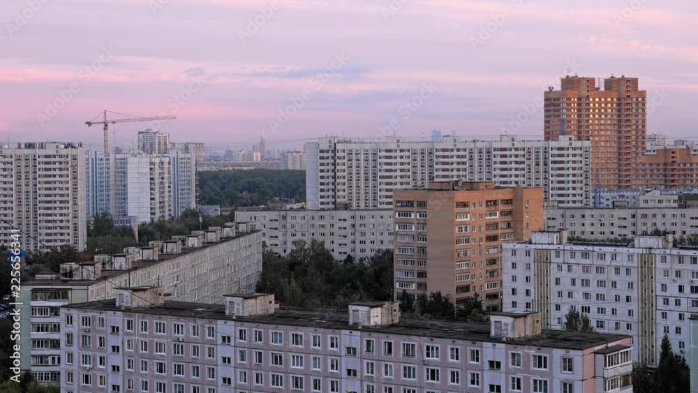 custom made wallpaper toronto digitalSOVIET PANEL BUILDINGS in Moscow suburban area — morning light over dense residential blocks, uniform architecture, green courtyards and rooftops, aerial panoramic view of city planning