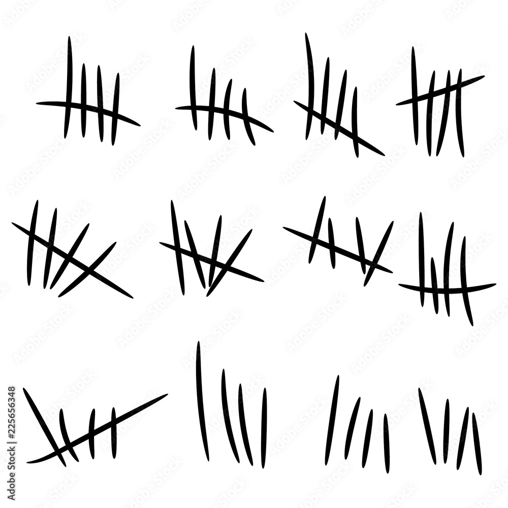 Fototapeta Set of counting waiting number on wall prison illustration. Vector tally marks isolated on white background.