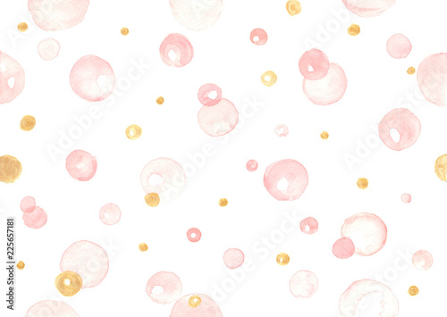 Watercolour background pattern. Aquarelle bubbles in pastel colors. Pink and gold round spots on white background. Romantic watercolor decorative abstract texture.