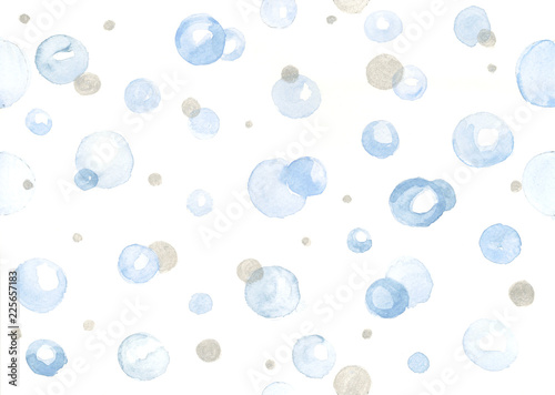 Watercolour background pattern. Aquarelle bubbles in pastel colors. Blue and silver circles on white background. Romantic decorative texture.