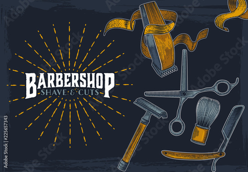 Hand drawn vector barber shop poster with signboard
