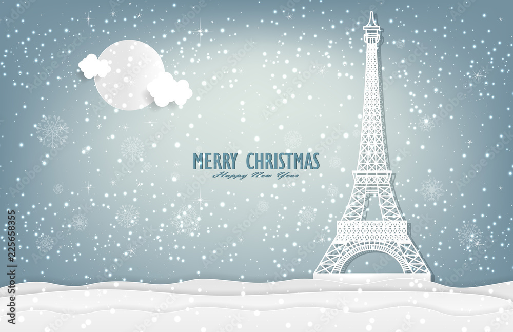 illustration of nature landscape and concept, winter season with Christmas and Eiffel tower and the moon. Vector illustration. design by paper art and digital craft style