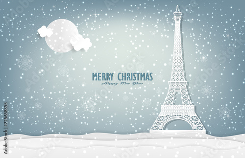 Fototapeta Naklejka Na Ścianę i Meble -  illustration of nature landscape and concept, winter season with Christmas and Eiffel tower and the moon. Vector illustration. design by paper art and digital craft style