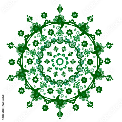 Green pattern with mandalas. Circle background.