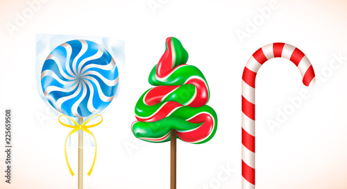 Set of Christmas sweets Lollipop, Fir Tree and Cane Candies on white background. Realistic vector illustration