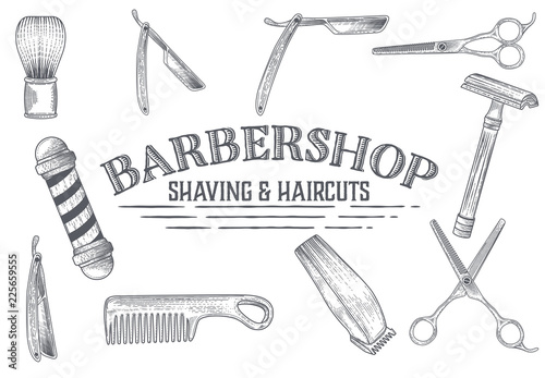 Fotografie Hand drawn vector barber shop banners with sketch engraving illustration