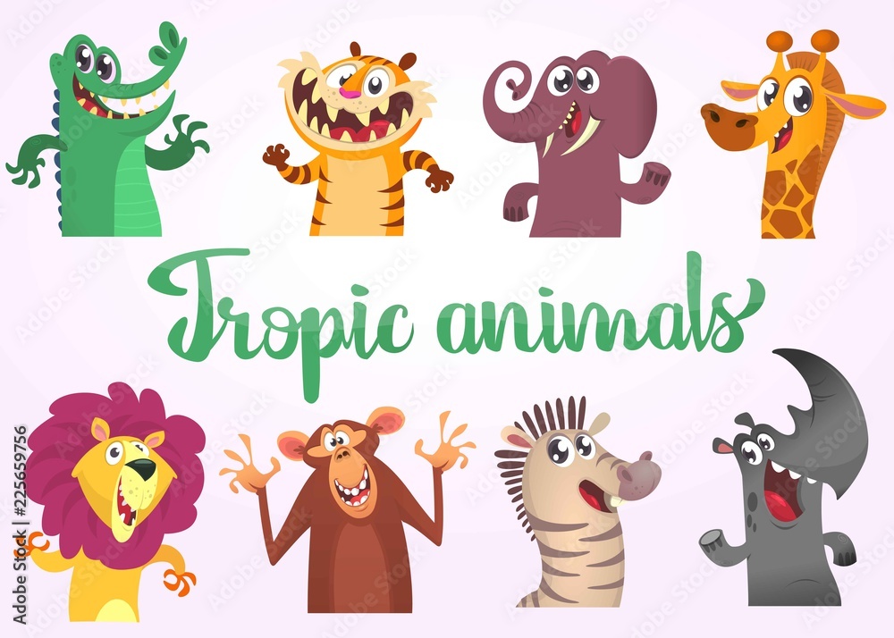 Naklejka premium Cartoon tropical African animal set. Vector. Big set of cartoon jungle animals flat vector illustration. Crocodile alligator, tiger, elephant, giraffe, lion, monk