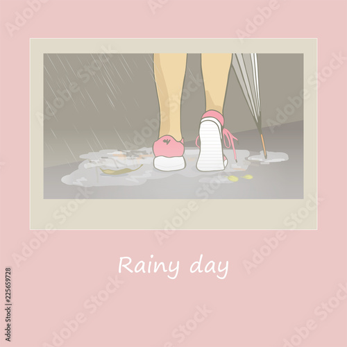 
Sneakers on legs. Girl in sneakers. Rainy day. She walks through the puddles. Autumn mood. Umbrella with a cane.
