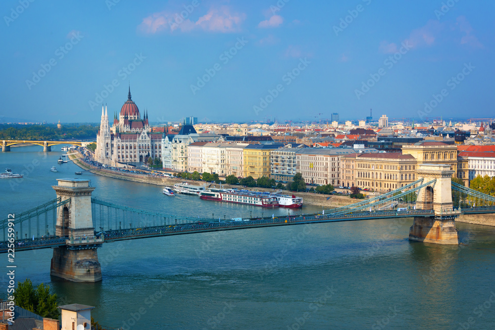 Aerial view of Budapest parliament and Chain bridge over Danube river, Hungary