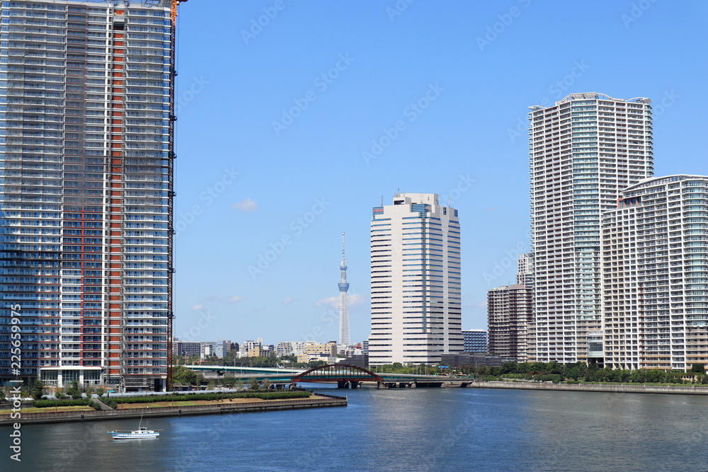High-rise Tower Mansions Buildings and Waterway, At Toyosu, Tokyo
