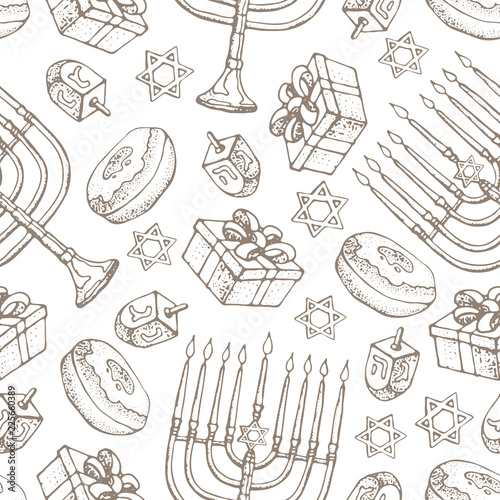 Jewish holiday Hanukkah seamless pattern. Set of traditional Chanukah symbols isolated on white - dreidels, sweets, donuts, menorah candles, star David glowing lights. Doodle Vector template..