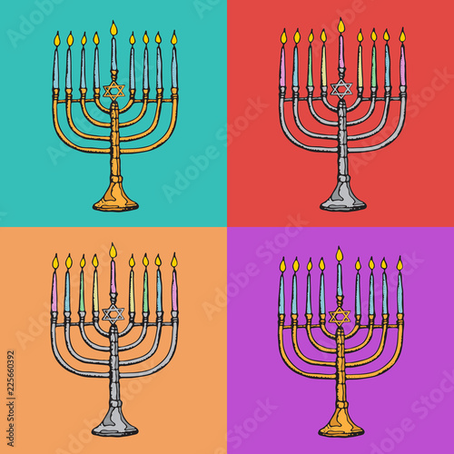 Jewish holiday Hanukkah greeting cards. Traditional Chanukah symbols -  menorah candles, star David glowing lights. Festival of lights pattern. Pop art vector illustration.. 