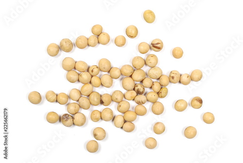 Organic raw soy, soybeans isolated on white background, top view